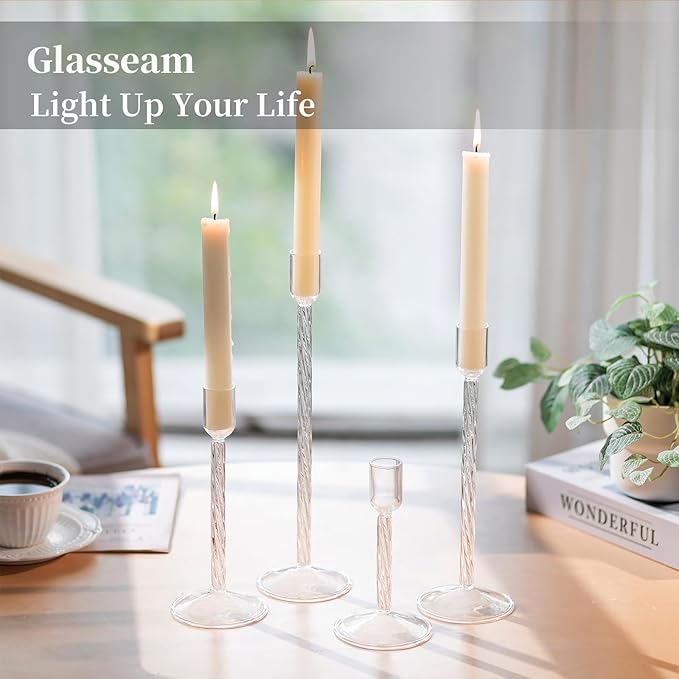 Glasseam Glass Candlestick Holders Clear: Taper Candle Holders Set of 4 Tall Candle Stick Candle Holder for Tapered Candles Decorative Candle Holders for Table Centerpiece Wedding Christmas Home Decor