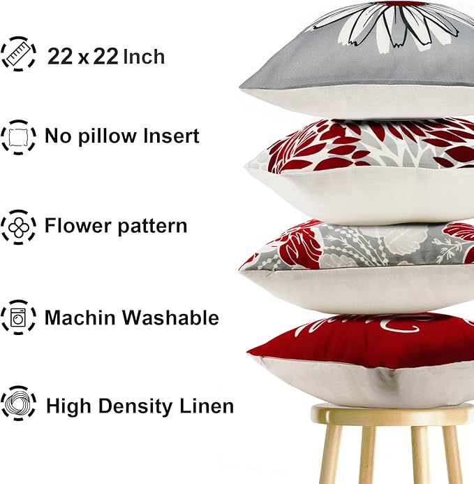 Decorative Throw Pillow Covers Set of 4 Wine Red Pillow Covers 22x22 inch Throw Pillow Cases Linen Square Pillow Case,Farmhouse Outdoor Boho Striped Pillow Covers for Couch Sofa Living Room