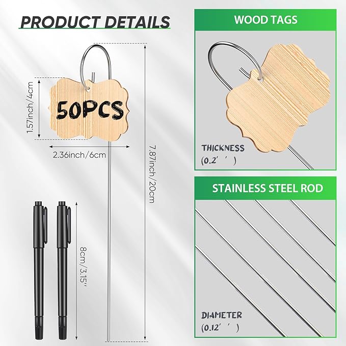 50pcs Bamboo Plant Labels Plant Tags Garden Signs Markers with Stainless Steel Stake and Pen Decorative Wood Garden Labels Plant Sign Tags for Flowers Vegetables Herbs Potted Plants Seed