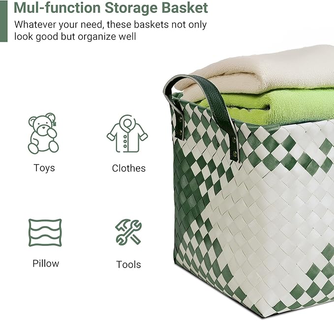 15L Laundry Baskets Waterproof Storage Baskets For Shelves Large Laundry Hamper With Leather Handle -set of 6 Cube Organizers Woven Bins for Bathroom,Bedroom,Pantry,Clothes,Car & Towels-Green