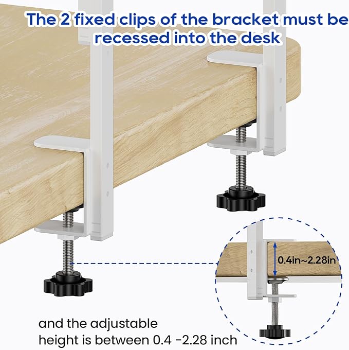 Clamp On Desk Shelf 2-Tier, 12.5 inch Wood Shelving Unit for Office Desk/Gaming Accessories, Tabletop Book Storage Rack, Shelf for Top & Under of Desk, Grey