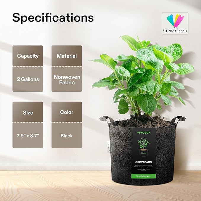 VIVOSUN 10-Pack 2 Gallon Grow Bags, Reinforced Planter Fabric Pots for Gardening Black