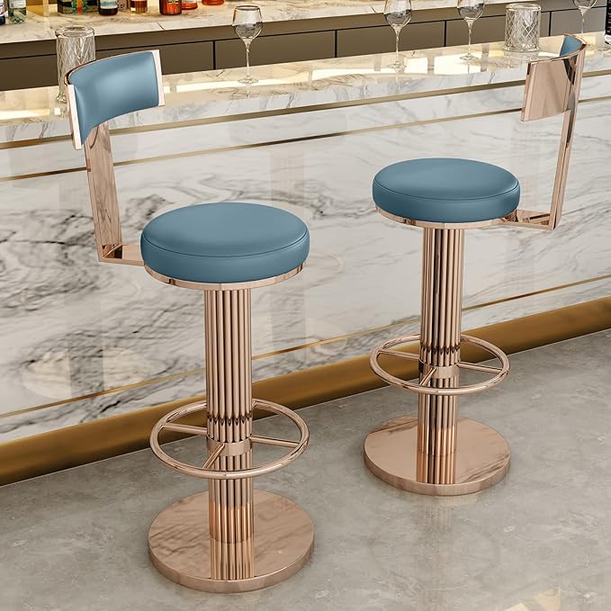 FUNROLUX Swivel Bar Stools with Backrest, Modern Adjustable Height Counter Stool with Stainless Steel Legs and Comfortable Cushion, Rose Bar Chairs for Kitchen Island Counter (Blue)