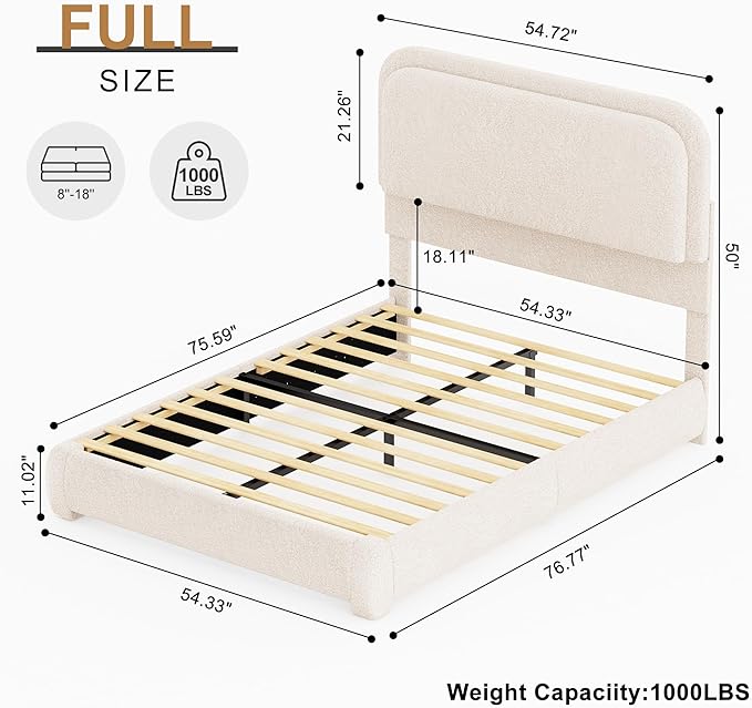 Full Bed Frame, Soft Teddy Fleece Upholstered Platform Bedframe with Thickened Rounded Corners Headboard Footboard, Modern Curved Shaped Cloud Bed Frame with LED Lights, No Box Spring Needed, Cream