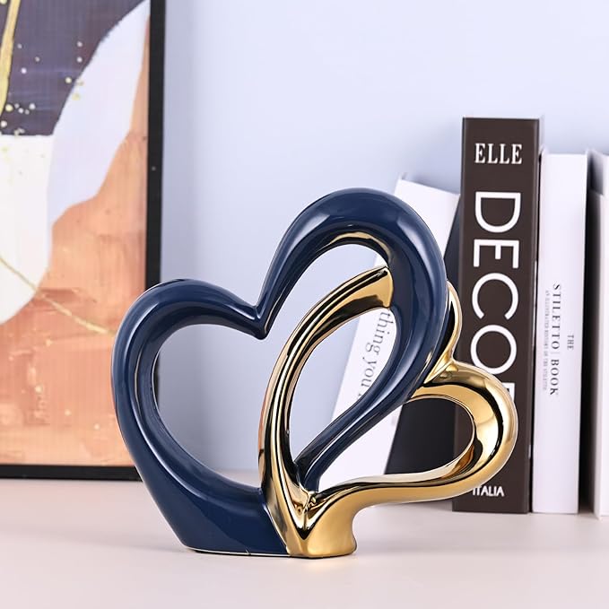 Ceramic Heart Decor Love Statue, Navy Blue Gold Double Hearts Sculptures for Home Table Centerpiece Decor, Valentine, Wedding, Decorative Items for Shelves, Coffee Table Decor (Double Heart)