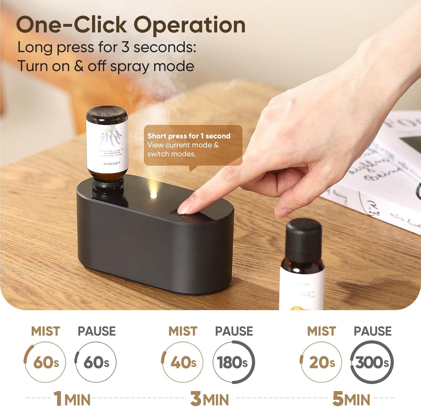 Waterless Diffuser for Home Essential Oil Diffuser, Aromatherapy Diffuser, Portable Scent Diffusers, 3 Mist Modes, Cycle Start for Bedroom, Office Studio 160-350 sq. ft Black