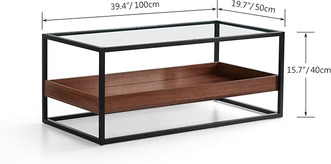 Shrine Glass Coffee Table, Black Walnut Coffee Table for Living Room, Glass and Wood Coffee Table, 39.2" D x 19.5" W x 15.7" H, Clear Glass Top, Walnut Wood Panels&Black Metal Frame