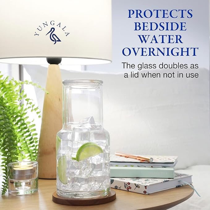 Bedside water carafe and glass set or mouth wash container for bathroom, drip free water carafe with glass cup for nightstand, modern carafe pitcher with cup