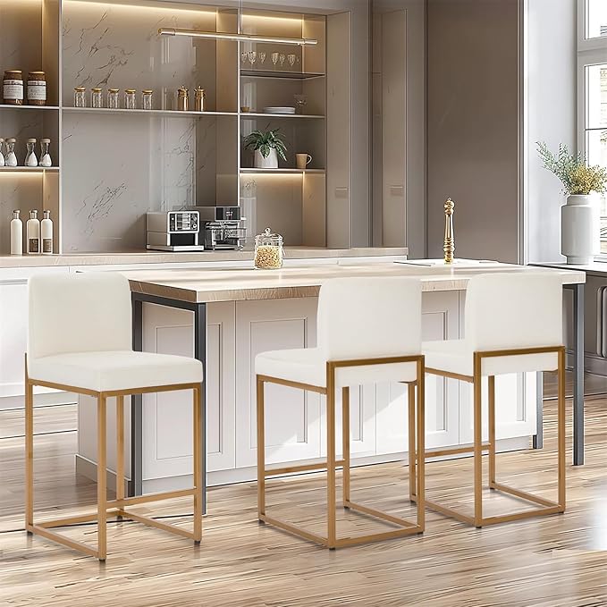 Sophia & William White & Gold Bar Stools Set of 3, Counter Height 24”Bar Stools with Back, Modern Leather Bar Chairs