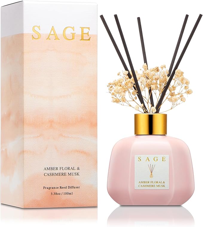 SAGE Hotel Reed Diffuser - Inspired Shangri-La Room Scent | 3.4oz Lavender & Cashmere Musk Scent Diffusers for Home | Preserved Flower & Oil Diffuser Sticks | Nightstand or Bathroom Decor for Shelves
