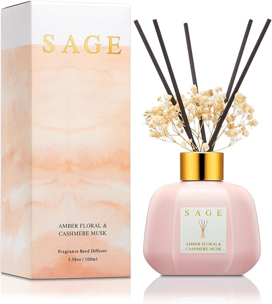 SAGE Hotel Reed Diffuser - Inspired Shangri-La Room Scent | 3.4oz Lavender & Cashmere Musk Scent Diffusers for Home | Preserved Flower & Oil Diffuser Sticks | Nightstand or Bathroom Decor for Shelves