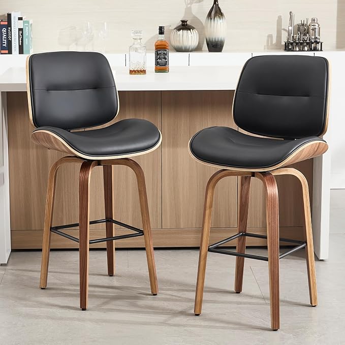Mid Century Modern Bar Stools Set of 1, 29.5'' Bar Height Swivel Stools with Bentwood Legs, Faux Leather Upholstered Bar Chairs with Footrest for Kitchen Island & Countertops, Black