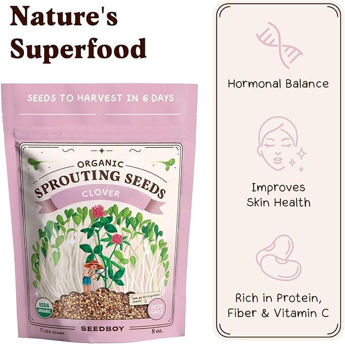 Seedboy Organic Clover Seeds for Sprouting - Non-GMO, USA Grown Microgreens Sprouting Seeds Mix - Makes 8 Quarts of Sprouts, 24 Servings (8 oz) (Red Clover)