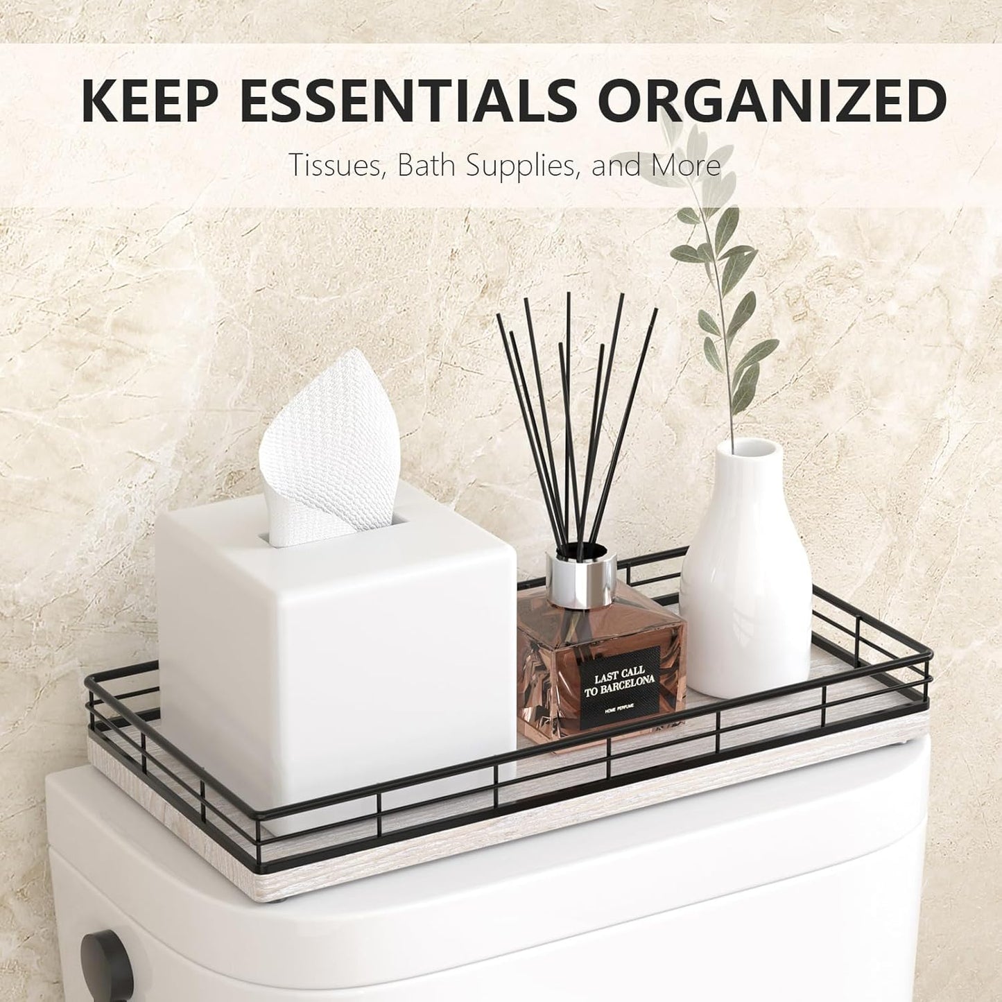 Toilet Paper Basket Organizer – Ash Wood Toilet Tank Tray with Metal Frame, Back of Tank or Top Bathroom Counter Storage – Black & Farmhouse White Modern Decor