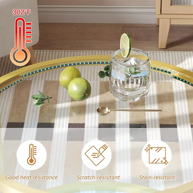 Glass Coffee Table Modern Center Table,Minimalist Round Coffee Tea Table with LED Lights,Simple Tea Cocktail Modern Center Tables for Home, Office, Bedroom,Gold