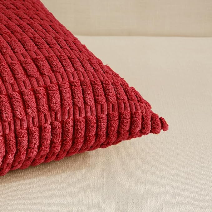 Fancy Homi 2 Packs Red Decorative Throw Pillow Covers 22x22 Inch for Living Room Couch Bed Sofa, Rustic Farmhouse Boho Home Decor, Soft Striped Corduroy Square Cushion Case 55x55 cm