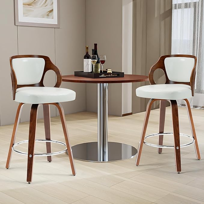 ECOTOUGE Swivel Bar Stools Set of 2, Walnut Faux Leather Counter Height Barstools with Bentwood Back and Footrest, for Dining Room, Kitchen Island and Pub, White