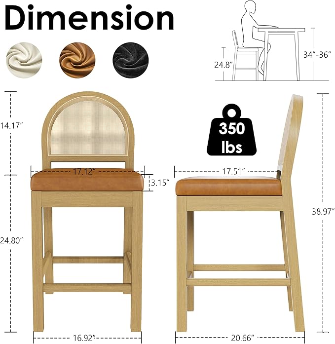 STHOUYN Upholstered Rattan Bar Stools Set of 2, Wooden Counter Height Bar Stools with Natural Rattan Woven Back and Faux Leather Seat, Mid-Century Modern Island Chairs Barstools for Kitchen (2, Brown)