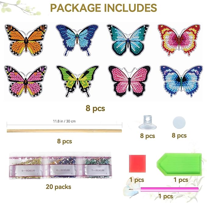Yanfairy 8 Pcs Butterfly Diamond Painting Kits, Diamond Art Kits for Garden Decor, Butterfly Stakes Gem Art Kits Art and Crafts for Adults, Diamond Dots Painting with Diamond Home Decor