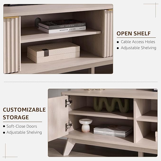 OKD 70" Mid Century Modern Fluted TV Stand, Entertainment Center, Sideboard, Media Console for Living Room with 2 Soft Close Door/Adjustable Shelves (Alder White)