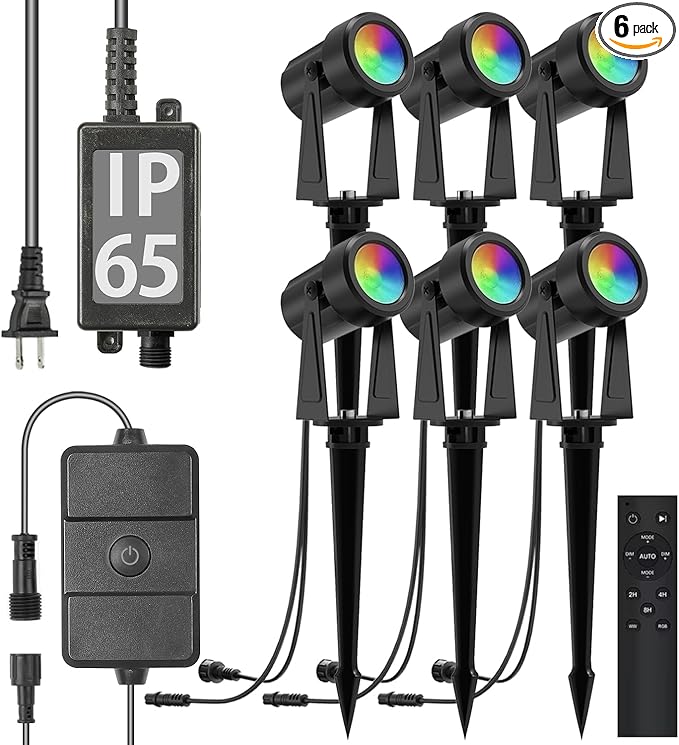 SUNTHIN Outdoor Landscape Lighting with Remote, RGBW Color Changing Spot Uplights, 6 Pack