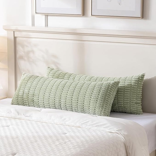 Fancy Homi 2 Packs Sage Green Long Lumbar Decorative Throw Pillow Covers 14x36 Inch for Bed Couch Bedroom, Soft Corduroy Rectangle Solid Cushion Case 35x91 cm, Rustic Farmhouse Boho Room Décor