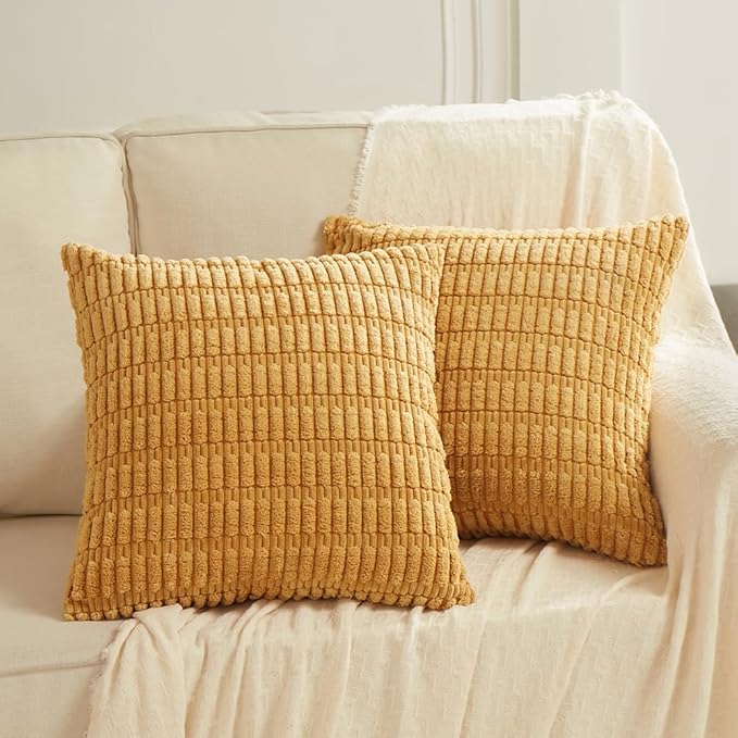 Fancy Homi 2 Packs Mustard Yellow Decorative Throw Pillow Covers 16x16 Inch for Living Room Couch Bed Sofa, Soft Striped Corduroy Square Cushion Case 40x40 cm, Rustic Farmhouse Boho Home Decor