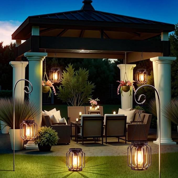 Solar Hanging Lanterns Outdoor: 2 Pack Metal Solar Hanging Lights with Hook, Bright - Warm Waterproof LED Lanterns for Outside, Classic Decorative Solar-Powered Light for Yard Garden Patio Porch Decor