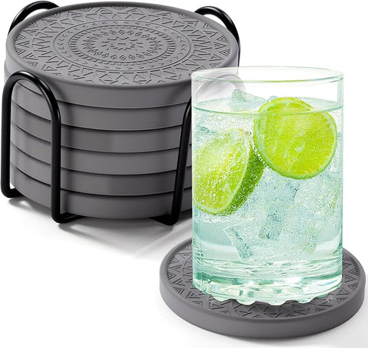 Photect Diatomaceous Earth Coasters Set with Holder Absorbent Stone Drink Coasters Instant Drying Tray for Tabletop Protection Home Decoration Housewarming Gift(Black,6 Pcs)