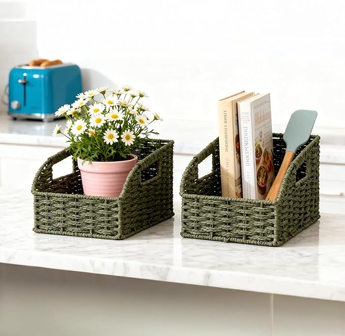 Wicker Baskets for Organizing,Pantry, Kitchen Counter with Handles, Handwoven Woven Storage Baskets for Fruit, Bread, Vegetable, Paper Storage Bins for Shelves, 3 Pack, Green