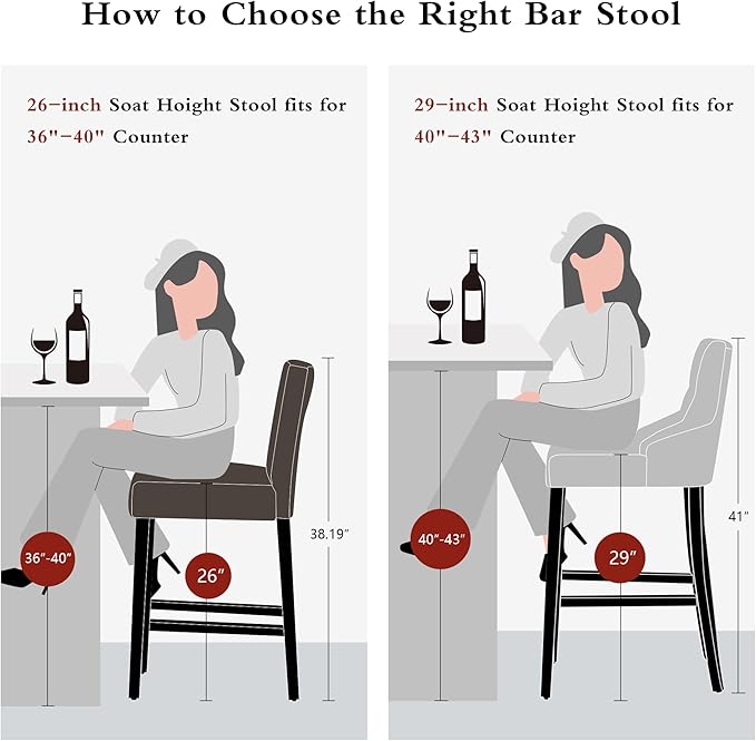 26'' Faux Leather Bar Stools Set of 4, Modern Upholstered Bar Height Bar Chairs, Soild Wood Legs Barstools with Back, Brown