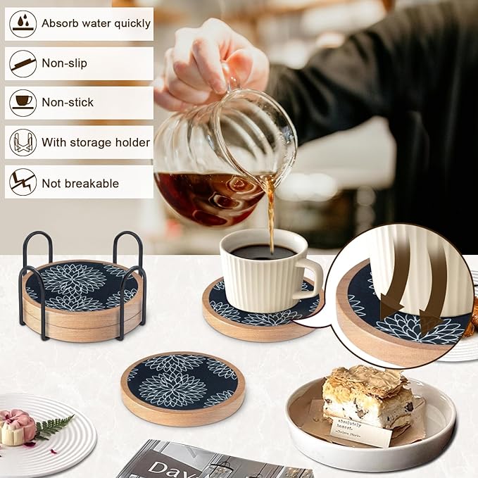 Wood Coasters Set of 4 with Holder, Cewiru Cup Mat for Drinks, Absorbent Coasters with Felt Insert for Coffee Table Protection, Modern Style Home Dining Table Decor, 4.3" Black