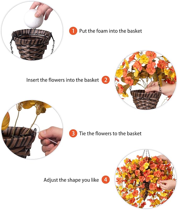 Artificial Fake Fall Hanging Flowers Baskets for Outdoor Decoration, Faux Silk Hibiscus Long Vines in Planter Realistic Flower Plants for Outside Home Porch Patio Garden (Fall YellowOrange)