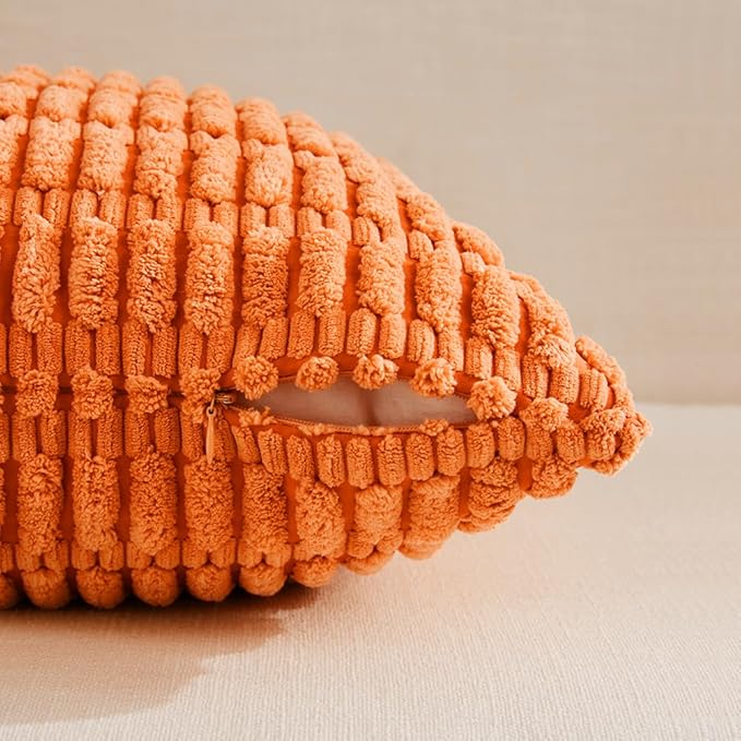 Fancy Homi 4 Packs Orange Fall Decorative Throw Pillow Covers 12x20 Inch for Couch Living Room Bed Sofa, Halloween Pumpkin Autumn Home Decor, Soft Cute Plush Corduroy Striped Cushion Case 30x50 CM