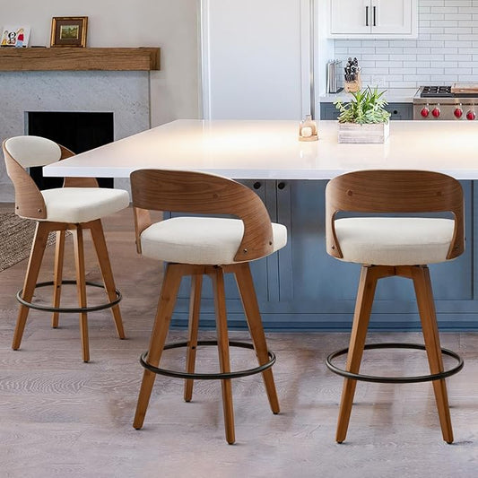 Barstools Set of 3,Bar Height Bar Stools for Kitchen Island,30.3 Inch Modern Upholstered Bar Chair, Swivel Bar Stools with Back and Wood Legs (Beige-Fabric)