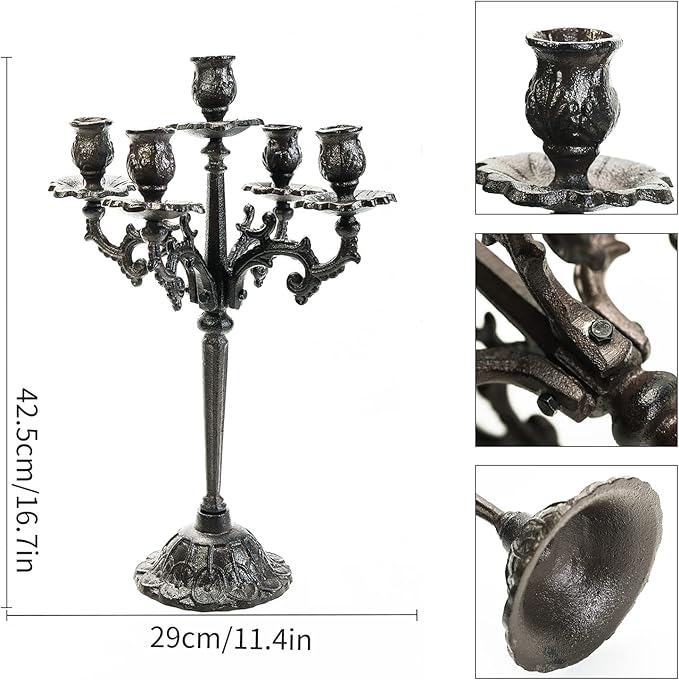 Sungmor Heavy Duty Cast Iron Candlestick Holders - Handcrafted Vintage Candelabra - 17Inch Tall & 5 Arms Candle Holders - Decorative Pillar Candle Stand for Christmas Birthday Wedding Home Party