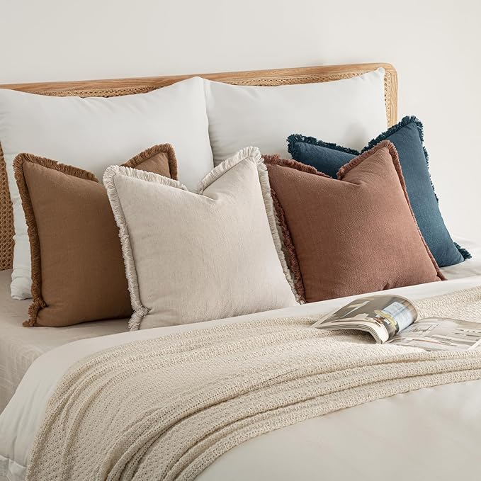 MIULEE Decorative Couch Pillow Covers Neutral Linen Fringe Throw Pillows Set of 4 Modern Rustic Cushions Boho Farmhouse Pillowcases for Bed Sofa Living Room Home Decor 18x18 Inch Beige/Brown/Blue