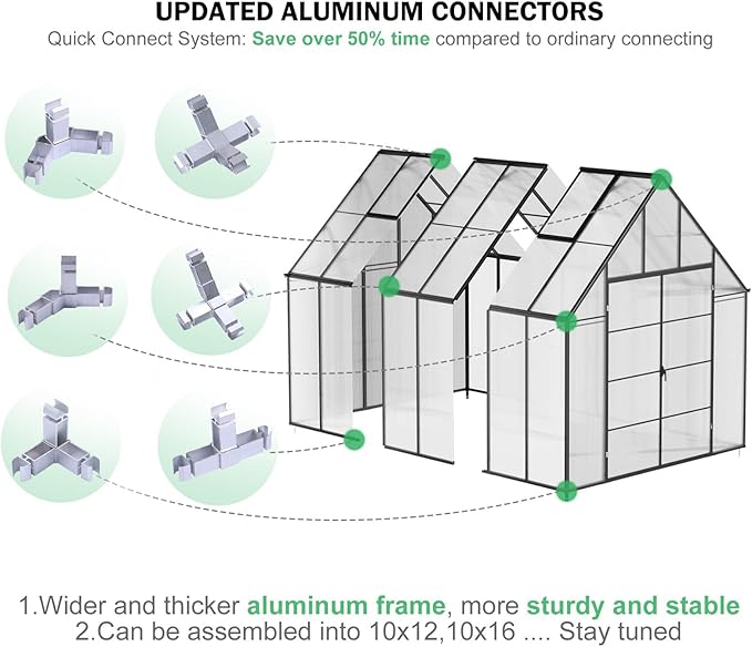 CDCASA 12x10x10 FT Greenhouse for Outdoors, Easy Assembly Large Aluminum Heavy Duty Polycarbonate Greenhouses Kit w/2 Windows, Swing Door, Outsides Walk-in Green House Sunroom for Backyard Garden