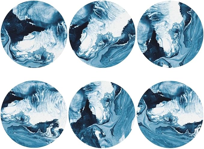 Blue Ocean Marble Coasters Set of 6 Coasters for Drinks Absorbent Double-Sided Leather PVC Coaster for Tabletop Protection Coffee Table Decor Ideal for Home Decor House Warming Gifts