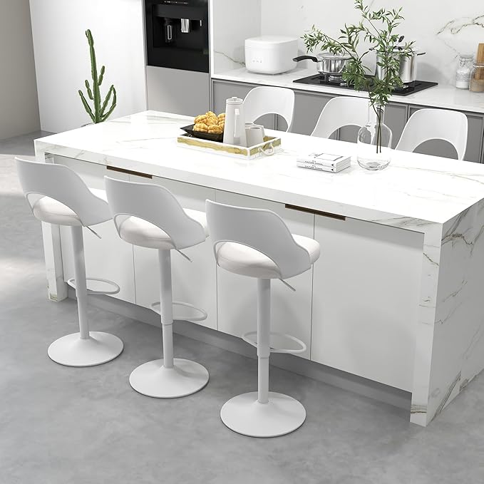 civama Bar Stools Set of 6 for Kitchen Counter, Seat Height Adjustable 25''-33'', Modern Upholstered Swivel Island Chairs with Hollow Backrest Metal Base, White