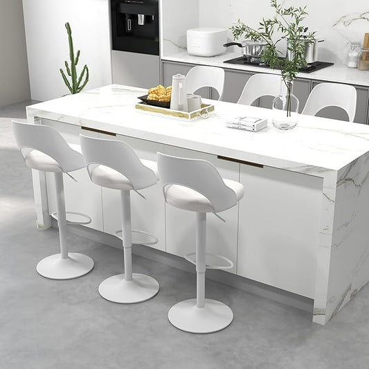 civama Bar Stools Set of 6 for Kitchen Counter, Seat Height Adjustable 25''-33'', Modern Upholstered Swivel Island Chairs with Hollow Backrest Metal Base, White