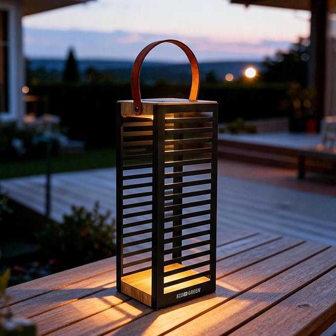 Solar Lantern with Handle - Outdoor Metal Solar Light (7.87×19.69"), Waterproof & Rustproof, 8H Auto-On Warm White Light, Portable for Patio, Porch, Balcony & Garden Decor (Black - 1 Pack)