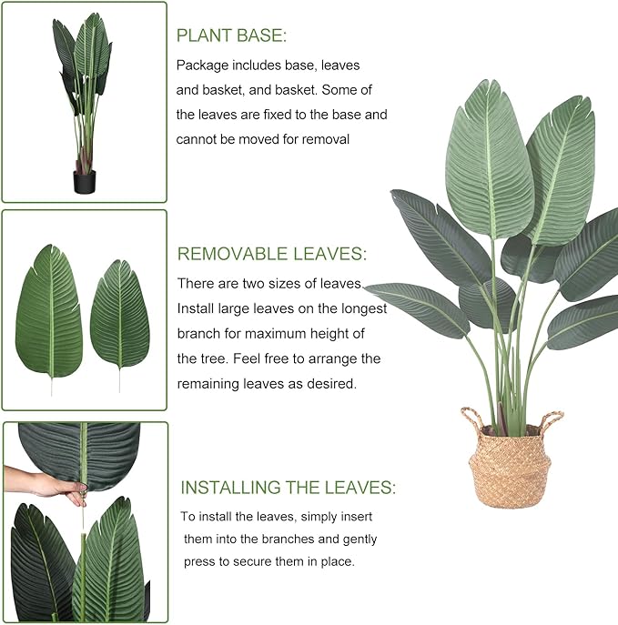 Artificial Plants 4FT Artificial Bird of Paradise Plant in Pot, Tall Fake Tree with Woven Basket, Realistic Faux Palm Tree 8 Trunks Silk Plants for Modern Home Décor Indoor Outdoor Office