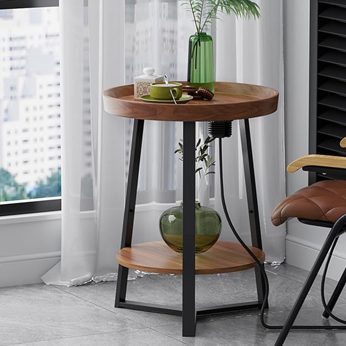 Gadroad Round End Table with Charging Station, USB Ports, Wood Tabletop & Black Metal Frame, 2-Tier Side Table for Living Room, Bedroom, Brown 15.7 * 15.7 * 23.0inches
