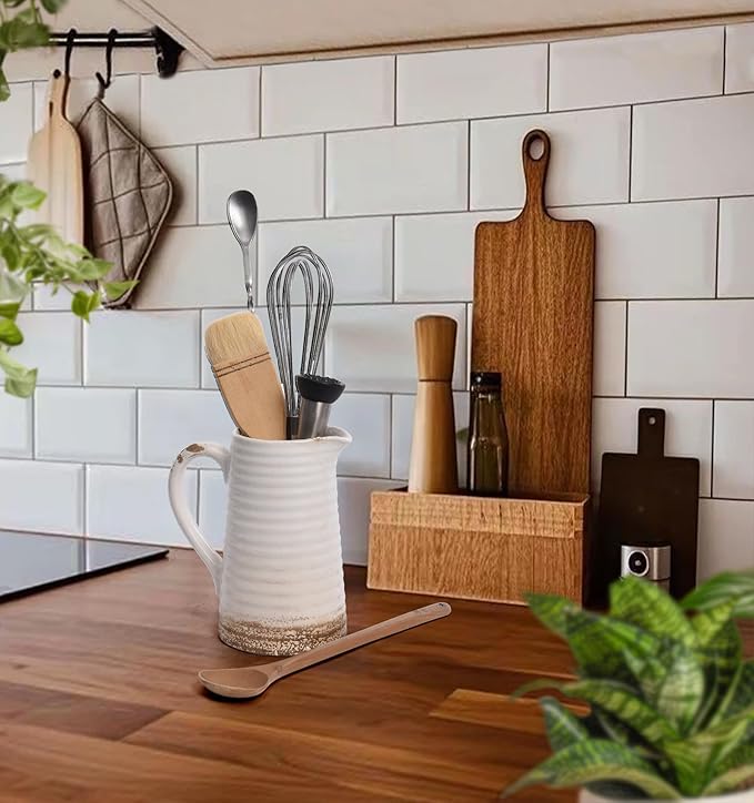 Quoowiit Ceramic Rustic Vase with Handle, White Distressed Decorative Farmhouse Pitcher Vase for Home Decor Living Room Bedroom Kitchen Office Shelf Decor Centerpiece Table Decoration