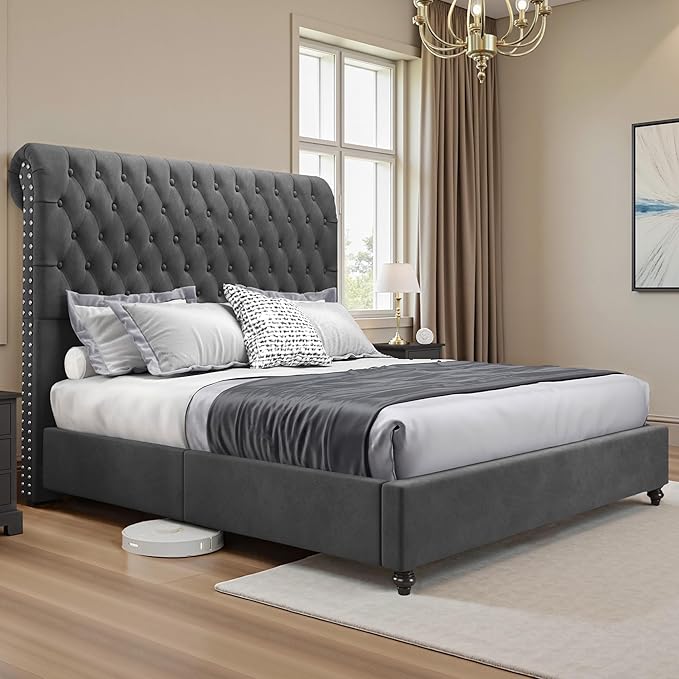Jocisland King Size Bed Frame with 53" Tall Headboard, Velvet Upholstered Platform Sleigh Bed with Button Tufted Solid Wood Legs, No Box Spring Needed, Easy Assembly, Gray