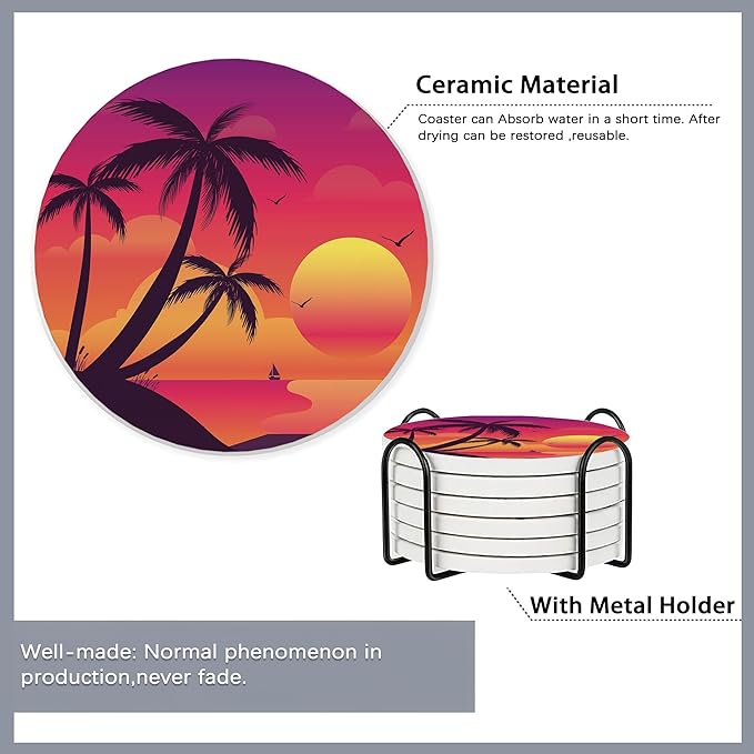 Drink Coasters Set of 6 with Holder,Beach Palm Trees Sunset Landscape Absorbent Ceramic Coasters with Cork Base,Fit All Cups,Tabletop Protection Mat for Mugs and Cups,Office,Kitchen