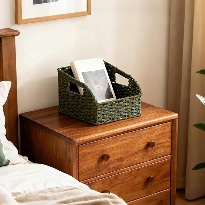 Wicker Baskets for Organizing,Pantry, Kitchen Counter with Handles, Handwoven Woven Storage Baskets for Fruit, Bread, Vegetable, Paper Storage Bins for Shelves, 3 Pack, Green