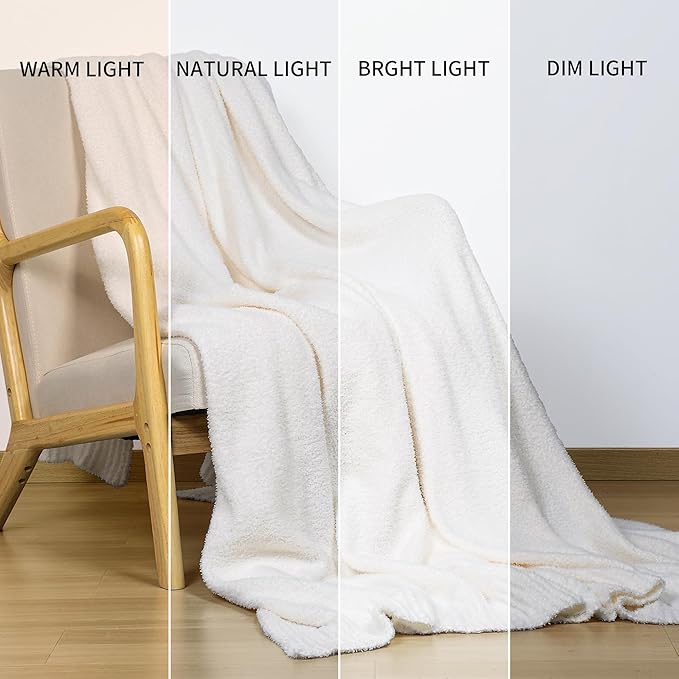 JOOJA Cream White Fuzzy Knitted Blanket, Soft Lightweight Plush Queen Size for Bed, Cozy Nights (90x90)