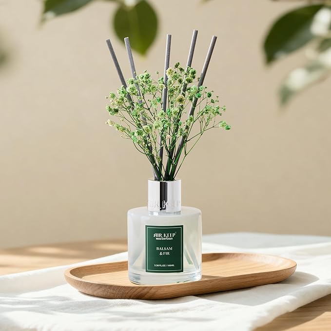 Airkeep Reed Diffuser Set,3.38 fl oz (100 ml) - Balsam & Fir Oil Diffusers with 8 Reed Sticks,Home Fragrance Reed Diffuser for Bathroom Shelf Decor Winter Fragrance